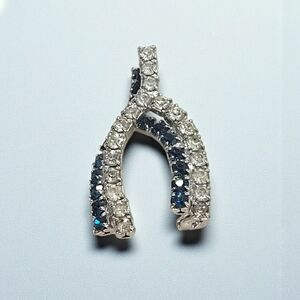 Vintage White & Blue Rhinestone Double Wishbone Brooch Rhodium Plated Prong Set